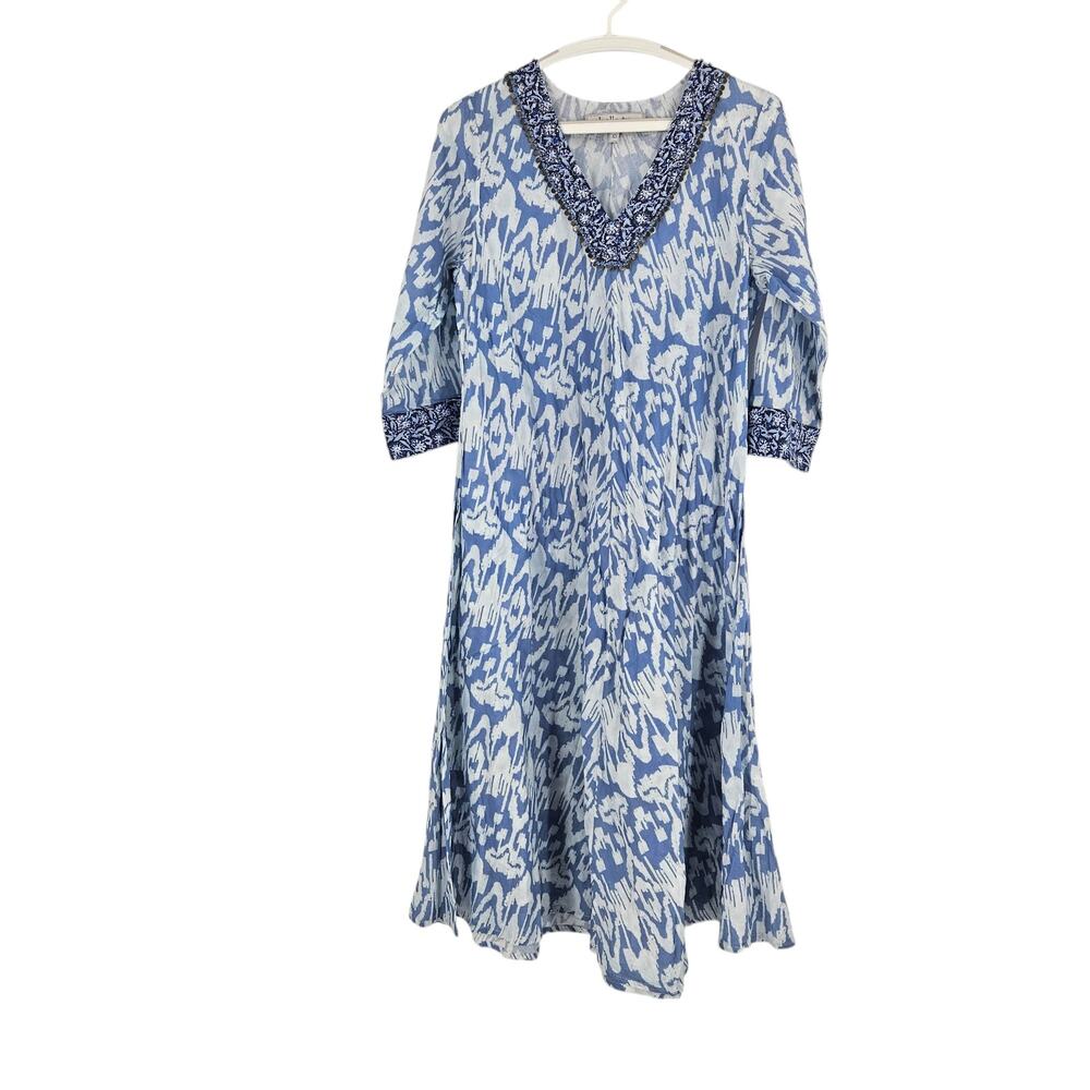 Bella Tu Dress Blue Aztec Print Studded Beaded Sequin Tassel Ties Midi Size XS